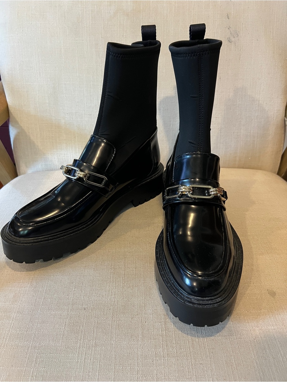 Zara Black Platform Chain-Accent Sock Boots / Loafers